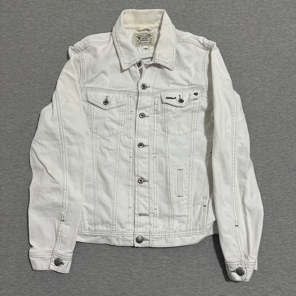 Y2K Diesel Industry White Denim Trucker Jacket Silver Hardware Womens Small